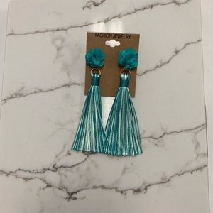Aqua blue and white tassel earrings